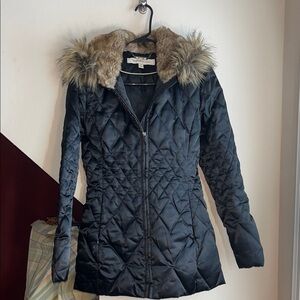Laundry By Shelli Segal Black Quilted Puffer Coat with Faux Fur‎ Trim